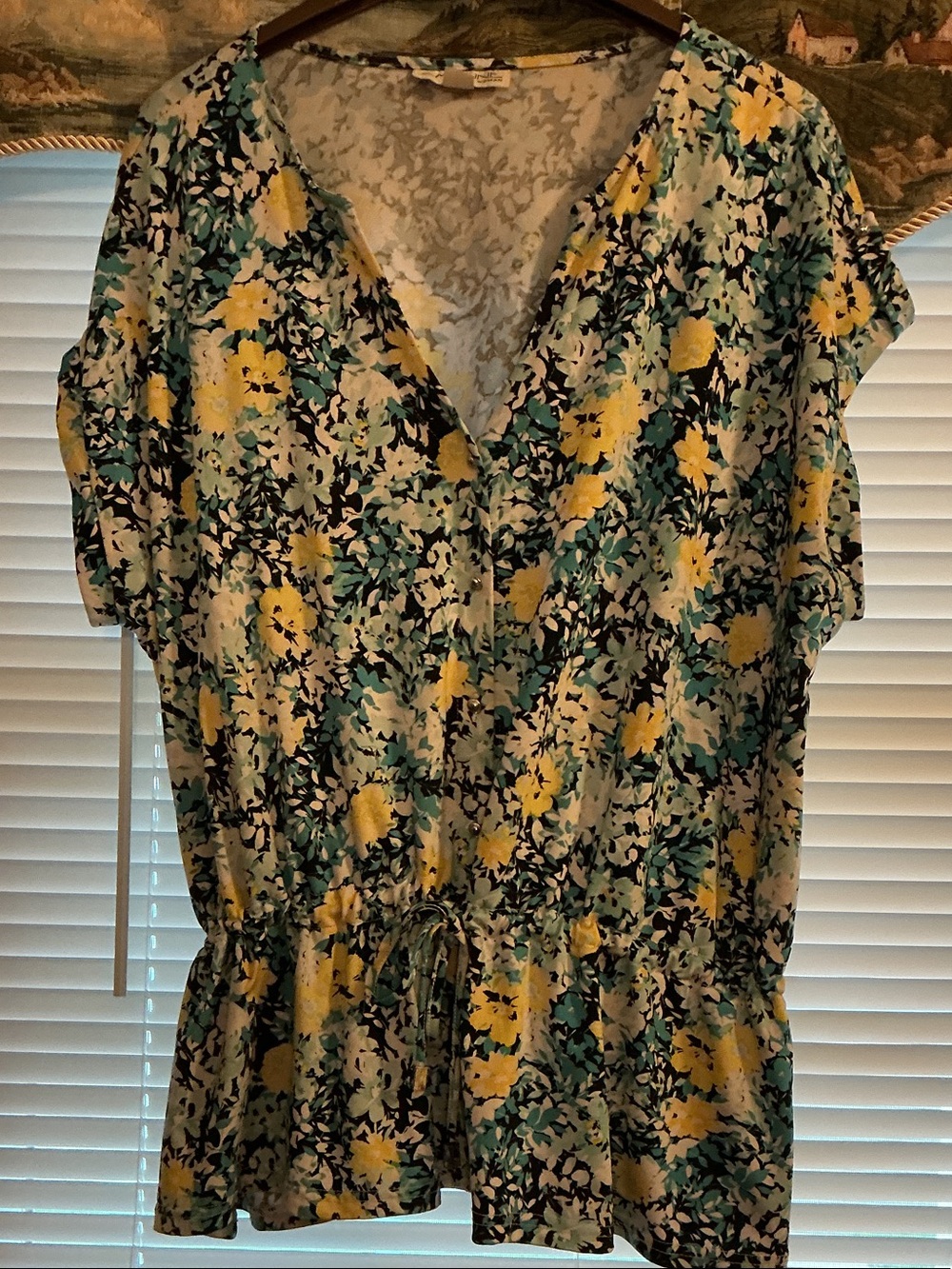 Lands' End Yellow & Teal Floral V-Neck Drawstring Peplum Blouse